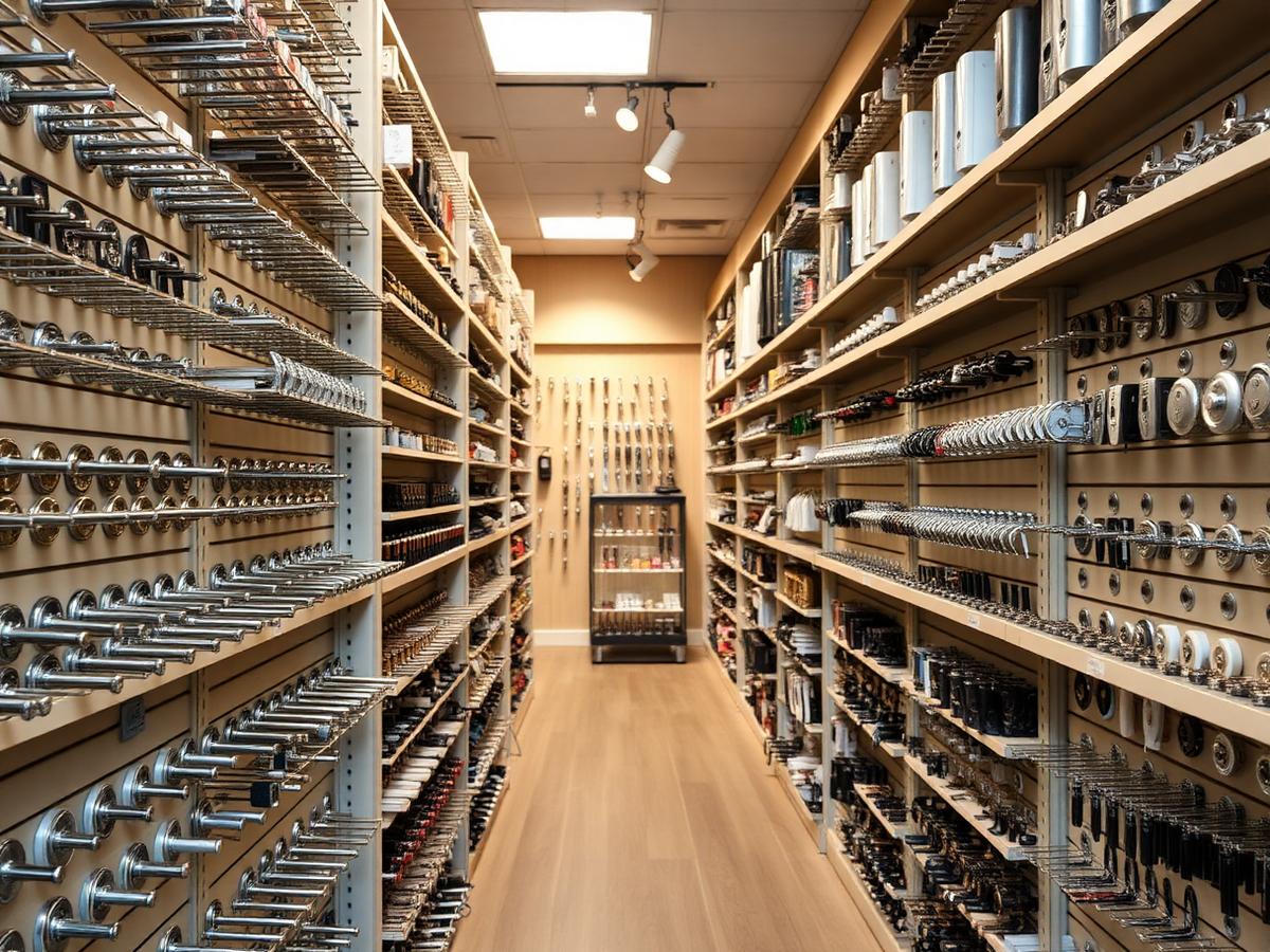 Hardware showroom shelves displaying door handles, locks and fittings