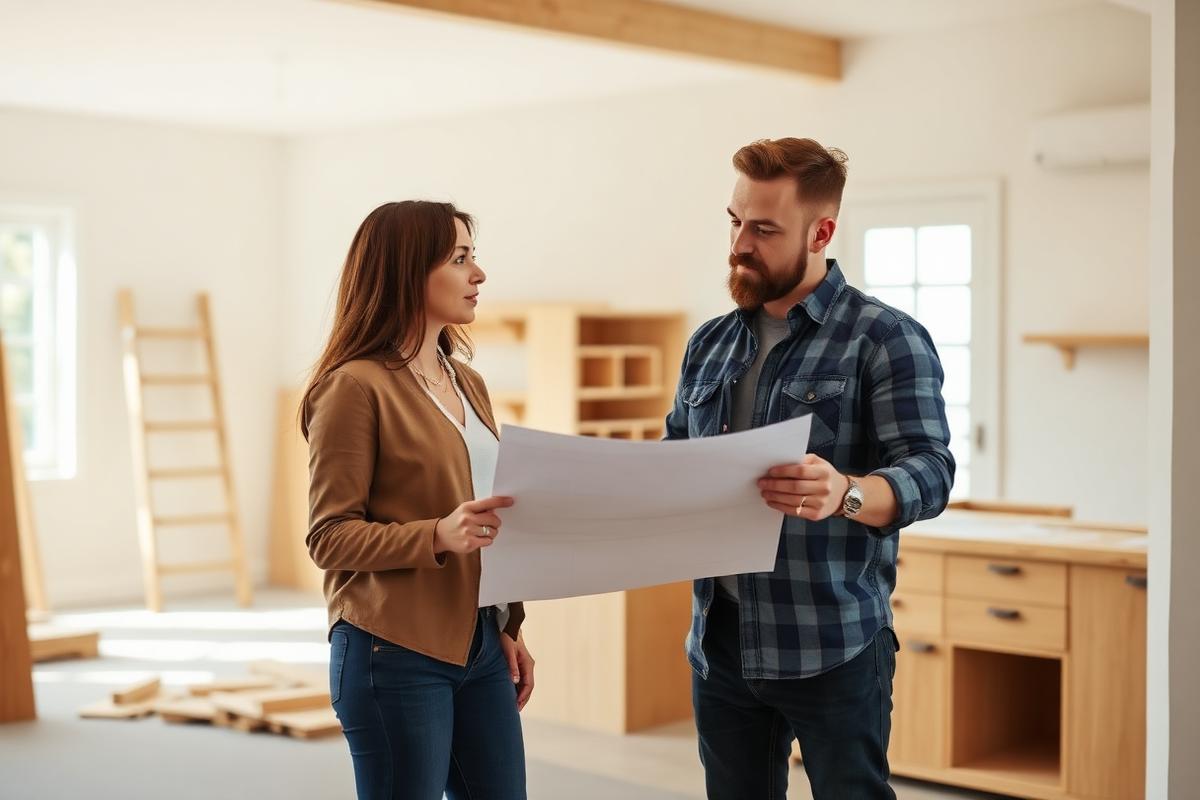 Interior designer and carpenter reviewing plans at an interior project site